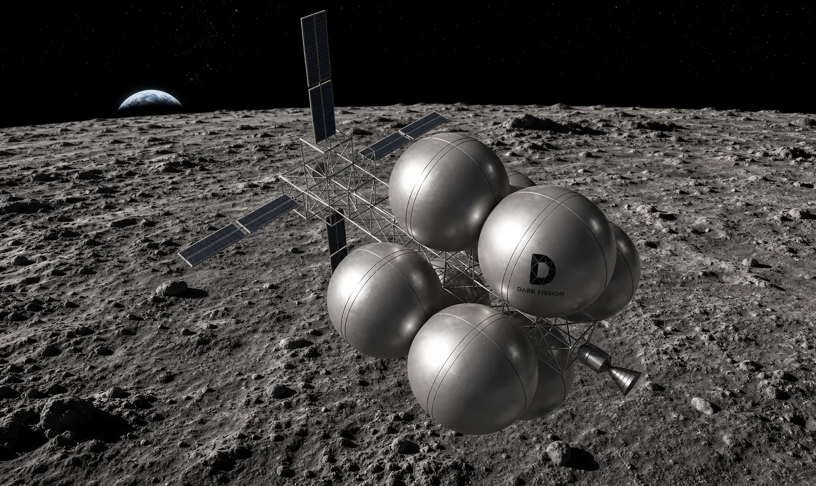 DARKFORCE-powered orbital transfer vehicle with four spherical hydrogen tanks in low lunar orbit, Earth rising beyond the horizon