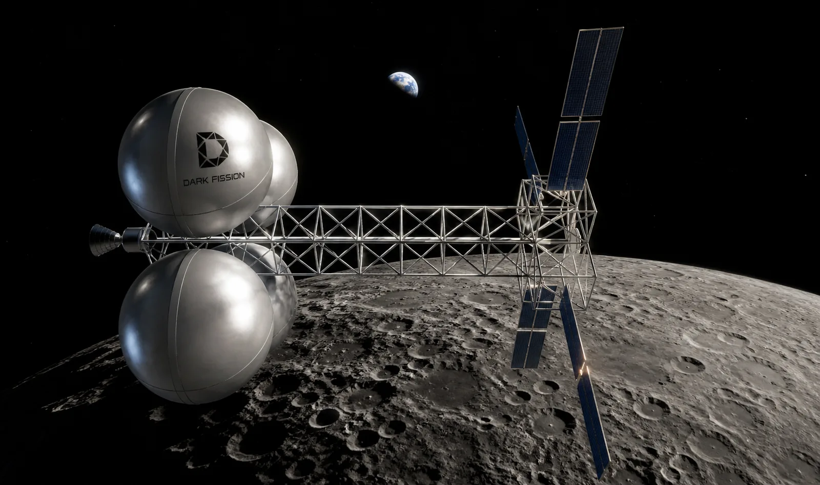 Dark Fission four-tank orbital transfer vehicle with truss backbone and solar arrays in low lunar orbit, Earth on the horizon